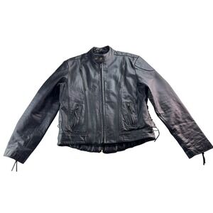 Mens Black Leather Motorcycle Jacket Biker Style Quilted Accents Sz 46 NO LINER